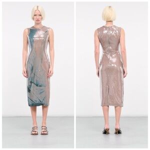 16Arlington Tan Blue Midi Dress Sequin 2 Cocktail Party Wedding Guest NWT 🟡